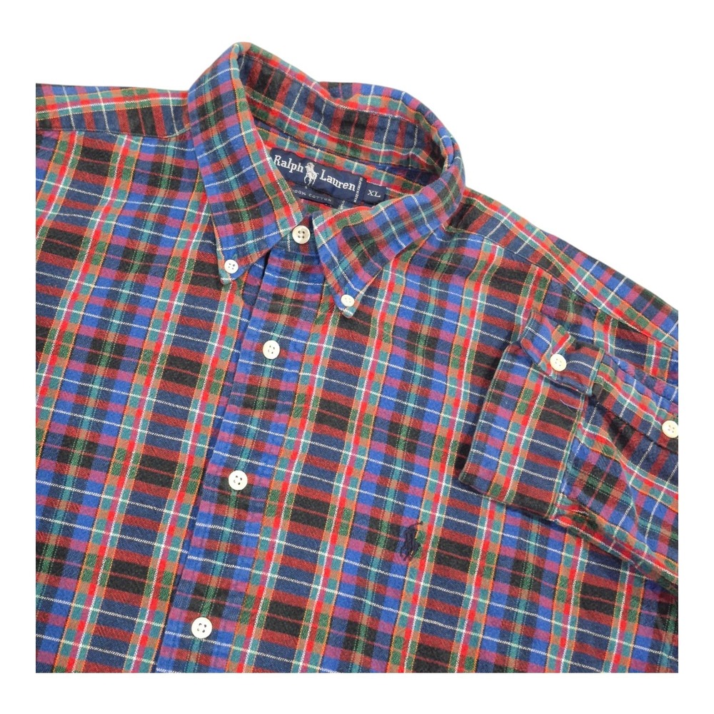 VTG Ralph Lauren Thick Cotton Long Sleeve Button Down Blue Plaid Shirt Men's XL